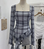 Shooting Collar Low-Breast Sexy Mesh Yarn Long-Sleeved Top Irregular Ribbon To Repair Hottie T-Shirt