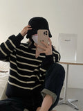 Korean Fashion Simple Loose Knitted Tops Lazy Style Age Reduction Contrasting Colors Sweater Women Stripe Long