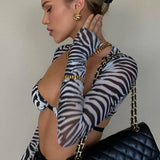 Zebra Print Mesh See Through Long Sleeve Cropped Tops Summer 2021 Women Tees Slim Sexy T-Shirts