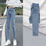 Wear 2023 New High-Waisted Trousers With Double Buttons, Stretch, Slim, High Pencil, Nine-Cent Jeans-Outfit