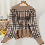 Style Vintage V-Neck Plaid Short Knitted Cardigan + High Waist Pleated Mini Skirts Two-Piece Female Fashion Sweet