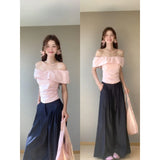 And Wear The Atmosphere Of The Lotus Leaf Side Shoulder Repair Folding Top With Straight Leisure Long Pants