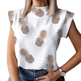 Summer Women Sleeveless Mandarin Collar Printed Pullover T-Shirt 2021 Sexy Club Street Casaul Homewear T-Shirt