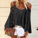O-neck Bohemian Blouse Holiday Flare Sleeve Women Off Shoulder Blusas Summer Lace Stitching Fashion Spaghetti Strap
