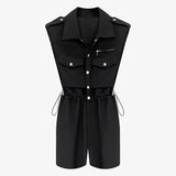 Straight Black Playsuit For Women Lapel Sleeveless Bandage Solid Minimalist Playsuits Female Fashion Clothes
