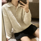 Collar Soft Waxy Solid Color Sweater Women's Autumn And Winter New Thin Loose And Lazy Warm Sweater-Outfit