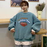 Women Fake 2 Pieces Warm Sweatshirt Fall Winter Long Sleeve Fleece Hoodie Strawberry Print Fuzzy Hoody Pullover Kawaii Top