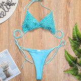 Sexy Thong Swimsuit 2023 Holiday New Swimwear Bra Top And Underpants Bead Pearl Sexy Bikinis 2 Pieces Outfits