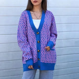 Free Shipping V-Neck Lantern Long Sleeve Cardigan Women Knitted Printed Oversized Sweater 2022 Fall New Single-Breasted