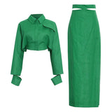 Slim Green Two Piece Set Women Lapel Long Sleeve Tops High Waist Midi Skirts Solid Sets Female Spring Clothing