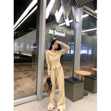 Two Piece Sets Women Solid Casual Slim Fit Hooded V Neck Zipper Full Sleeve Tops Coats Wide Leg Long Pants Set 2023-Outfit