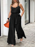Celmia Elastic Waist Spaghetti Straps Overalls Women Fashion Wide Leg Pants 2022 Summer Long Rompers with Belt Casual
