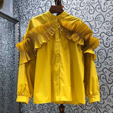 Casual Loose Solid Patchwork Ruffle Shirt Female Long Sleeve Korean Fashion Blouse For Women Autumn 2021 New
