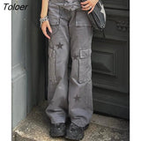 Y2K Streetwear Pockets Up Cargo Jeans Grey Star Print Low Rise Gothic Straight Pants Denim Grunge Baggy Pant