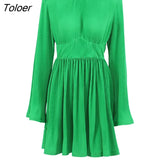 Stylish Green Pleated Dress Flare Sleeve O-Neck Spring Mini Dress Fit Flare High Waist Zipper Slim New Year Dress Lady