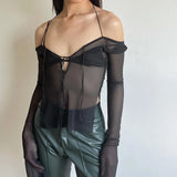 Vintage Black Mesh Sexy Crop Top Split Flare Sleeve See Through T Shirt Bling Ruched Backless Slash Neck Tee Women