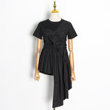 Eelegant Patchwork Ruffle Woman's T-shirt O Neck Short Sleeve Ruched Asymmetric Oversize Casual Shirt Female