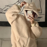 QWEEK Kawaii Bear Ears Hoodie Women Autumn Winter Zip Up Fleece Cute Top Korean Style 2021 Soft Girl Cotton Long Sleeve