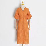 Vintage Dress For Women V Neck Puff Half Sleeve Ruched Tunic Hollow Out Designer Loose Mid Dresses Female 2023