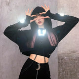 Goth Metal Chain Print Cropped Black Fashion Goth Hoodie Women 2022 Punk Techwear O-Neck Reflective Tops Emo Autumn