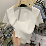 Desire Hot Girls Sexy U-Collar Collarbone Short Navel Chic Blouse Tight Elastic Short-Sleeved T-Shirt Women's Summer Ins Trend-Outfit