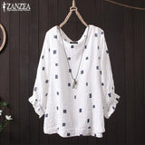 Printed Blouse ZANZEA Women Ruffles Shirt Casual Party Tunic Tops Loose Blusas Robe Femme Summer O Neck 3/4 Sleeve