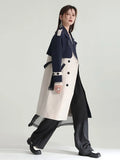 Women Apricot Color-block Big Size Trench New Lapel Long Sleeve Loose Windbreaker Fashion Tide Spring Autumn 2023