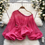 Summer Women Hollow Out Blouse Female Purple/Black/White Puff Long Sleeve Irregular Skew Collar Ruffle Shirts New Fashion