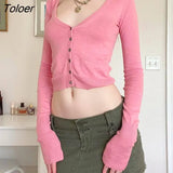 Breasted Pink Cardigan Sweater Women Coquette Aesthetic Knitted Jacket Long Sleeve Simple Casual Coat Cute