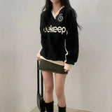 Print American Casual Hoodie Women Loose V-neck Contrast Color All-Match Pullover Baseball Top-Outfit