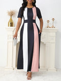 Women's Clothing New Temperament Fashion Hit-Colored Dress Short-Sleeved Skirt Large
