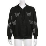 Sweetown Black New Autumn Hoodies Women Butterfly Diamond Zip Up Korean Sweatshirt Winter Jacket Long Sleeve Hood Pullovers
