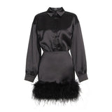 Sexy Dress For Women Lapel Long Sleeve High Waist Patchwork Feathers Solid Mini Dresses Female Spring Clothes