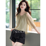 Summer New Ladylike Blouse Shoulder-Digging Design High-End Green Seven-Sleeve New Chinese Shirt Woman-Outfit