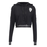 InsGoth Women Gothic Cropped Hoodies Sweatshirts Skull Printed Black Loose Short Hoodies Mesh Patchwork Female Streetwear