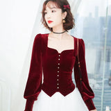 Vintage Elegant Volvet Long Sleeve Blouses Women Sequare Collar Autumn Shirts Female Single Breasted Blusas