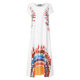 2021 Summer Sundress Women Vintage Print Long Dress Ladies Short Sleeve Casual Loose Holiday Maxi Robe