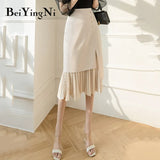 Korean Slim Maxi Long Women Skirt 2021 High Waist Irregular Patchwork Pleated Midi Skirts Ladies Elegant Buttons