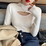 Hollow Out Pullover Women Sweaters Half Turtleneck Long Sleeve Knit Tops Elegant Jumper Autumn and Winter Clothes