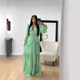 2025 Elegant Splicing Long-Sleeved V-Neck Dress Women's