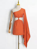 Orange Sexy Dress For Women Diagonal Collar Cloak Long Sleeve One Shoulder Off Hollow Out Mini Dresses Female