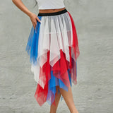 Women Midi Skirts Summer Contrast Color/Solid Color Elastic High Waist Irregular Ruffles Multi-Layered Tulle Tutu Skirts-Outfit