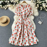 Sweet Floral Dresses Women V Neck Puff Sleeve Print Boho Beach Dress Summer Bohemian Print A-line Midi Dress