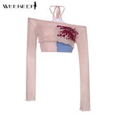 Cute Patchwork T-Shirt Two Piece Women Long Sleeve Transparent Tee And Tie Up Halter Cropped Tops Summer Kawaii