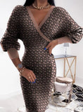 Print V-Neck Puff Sleeve Elegant Midi