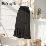 Korean Slim Maxi Long Women Skirt 2021 High Waist Irregular Patchwork Pleated Midi Skirts Ladies Elegant Buttons