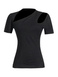 Toloer Spring Niche New Fashion Temperament Oblique Collar Head Hollow Design Sense Pure Color Short Women's T-Shirt-Outfit