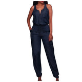 Summer Jumpsuit Women Solid V Neck Denim Overalls Female Pocket Sleeveless Jeans Rompers §ܧà§ާҧڧߧ֧٧à§ß §ا֧ߧã§ܧڧÛ