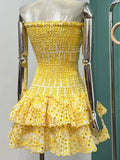 Off Shoulder Strapless Dresses For Women Sleeveless Embroidery Hollow Out Patchwork Ruffles Mini Dress Female
