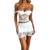 Women Sexy Skirt Set Lace Patchwork Off Shoulder Backless Camisole + Mini Bodycon Skirt Summer Outfit for Party Club-Outfit